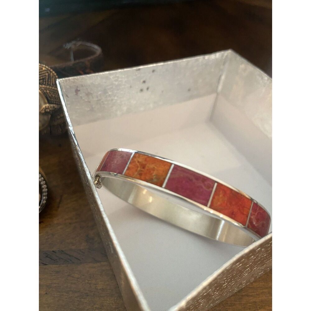 Jay King DTR Sterling Silver Multi Colored Coral Inlay Hinged Bangle Bracelet